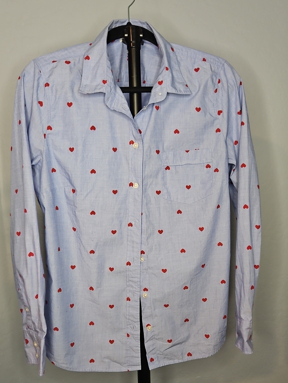 J. Crew Factory Light Blue Button-Up Shirt with Red Heart Print